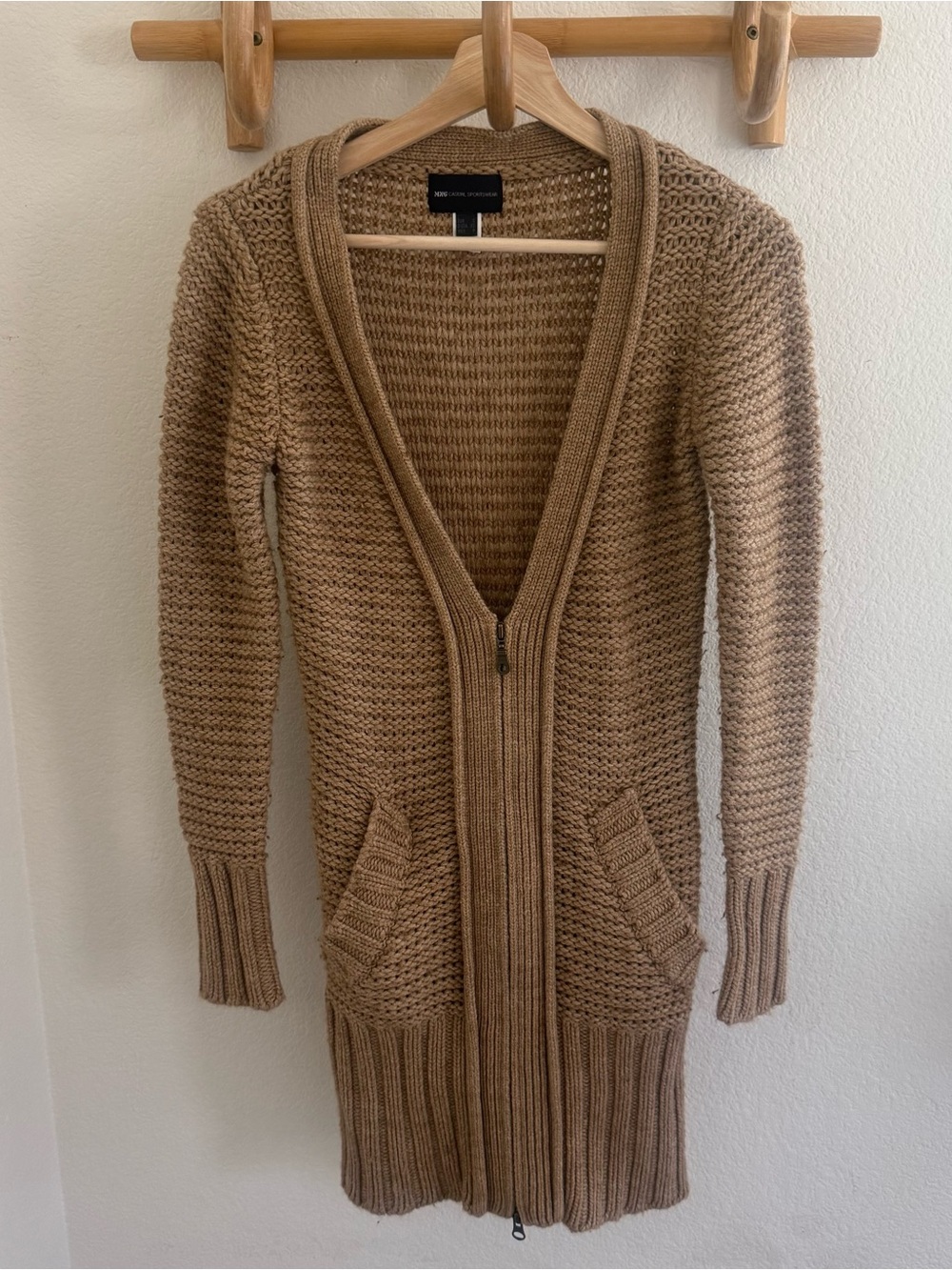 Mango Y2K wool blend tan brown longline cardigan duster textured chunky knit